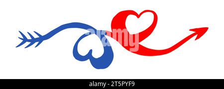 Due cuori intrecciati per San Valentino, collegati da una freccia, dipinti a mano con pennello e inchiostro, isolati su sfondo bianco. Rapporto di illustrazione del vettore Illustrazione Vettoriale