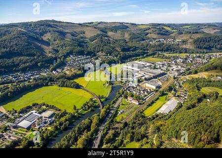 Vista aerea, ponte del ventre dei pesci sul fiume Lenne, monumento storico e ponte ferroviario, area forestale con danni forestali, Novelis Deutschland GmbH alu Foto Stock