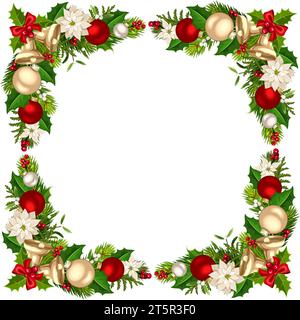 Cornice natalizia con rami di abete verde, campane natalizie, palle, fiori di punta, agnello, e il vischio. Confine natalizio vettore Illustrazione Vettoriale