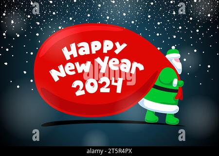 Babbo Natale Father Frost personaggio dei cartoni animati in arrivo e porta con sé grandi regali pesanti, borsa rossa. Biglietto d'auguri natalizio e felice anno nuovo 2024. Poster celebrativo eps vettoriale Illustrazione Vettoriale