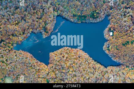 Vista aerea del lago Morske oko in autunno, montagne di Vihorlat, sito patrimonio dell'umanità dell'UNESCO, Slovacchia Foto Stock