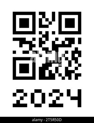 Codice QR reale 2024 numeri. Felice anno nuovo con il modello di design del concetto di codice a barre per la vaccinazione anti covid. Illustrazione vettoriale eps per banner, poster, biglietti di auguri, invito Illustrazione Vettoriale