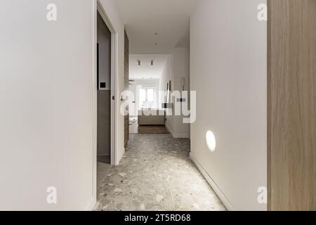 Corridoio distributore di una casa moderna con pavimento in terrazzo grigio, pareti dipinte di bianco liscio Foto Stock