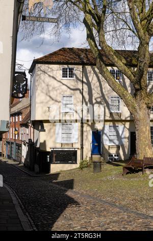 Elm Hill, Norwich è una storica stradina acciottolata di Norwich, costeggiata da molti edifici risalenti al periodo Tudor. Elm Hill, Norwich, Norfolk, Regno Unito. 6 Foto Stock