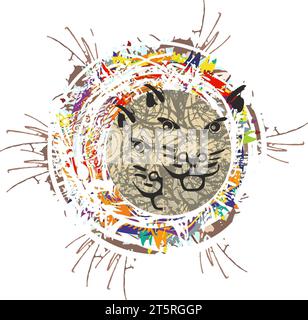 Spruzzi colorati con teste di gatto su bianco per le tue composizioni creative. Impronta astratta per poster o loghi, moda, interni, emblemi Foto Stock