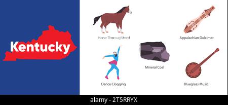 stati del Kentucky con simbolo di intasamento della musica bluegrass illustrazione purosangue di carbone dei dulcimeri degli appalachi Illustrazione Vettoriale