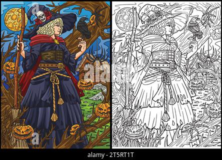 Illustrazione di Halloween Witch and Broom Coloring Illustrazione Vettoriale