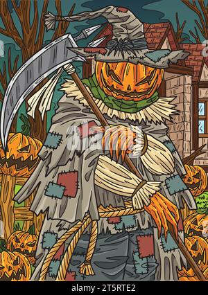 Halloween Scarecrow con un cartone colorato di Scithe Illustrazione Vettoriale