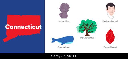 Il Connecticut riporta con l'icona simbolo di Nathan hale la quercia e il granato Illustrazione Vettoriale