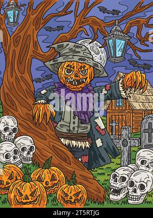 Halloween Scarecrow Standing Tree Colored Cartoon Illustrazione Vettoriale