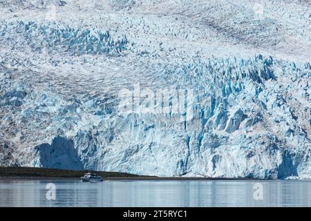 Il ghiaccio blu del ghiacciaio Aialik incontra le acque oceaniche del Golfo dell'Alaska Foto Stock