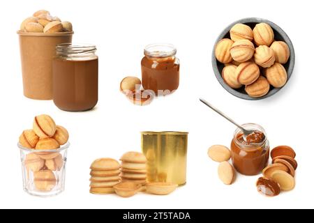 Deliziosi biscotti a forma di nocciola con latte condensato caramellato, isolati su un colore bianco e collage Foto Stock