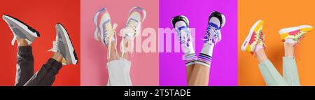 Foto di persone con eleganti sneakers su sfondi di colore diverso, design collage Foto Stock