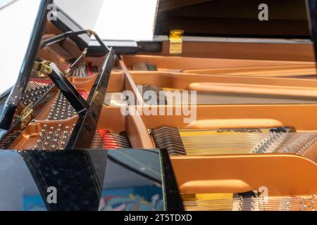 Primo piano di corde e martelli da pianoforte - dettaglio interno del pianoforte a coda Foto Stock