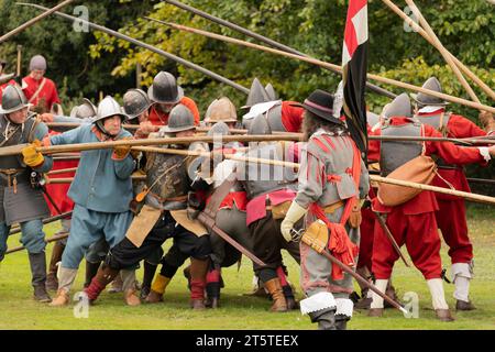 Spinta della picca nel punto in cui due colonne opposte di picchieri si incontrano e si bloccano in posizione. Ricostruzione della guerra civile inglese, assedio di Basing House 16.09.23 Foto Stock