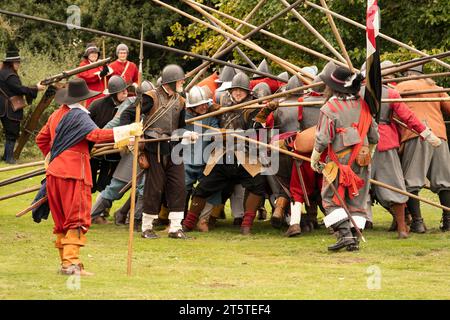 Spinta della picca nel punto in cui due colonne opposte di picchieri si incontrano e si bloccano in posizione. Ricostruzione della guerra civile inglese, assedio di Basing House 16.09.23 Foto Stock