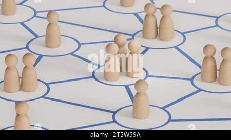 Primo piano di colorati pedoni in legno su cerchi interconnessi. Concetto di interrelazioni.rendering 3D su sfondo bianco. Foto Stock