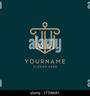 Logo iniziale con monogramma JJ con design a forma di scudo e pilastro Illustrazione Vettoriale