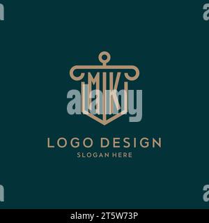 Logo iniziale con monogramma MK con scudo e design a colonna Illustrazione Vettoriale