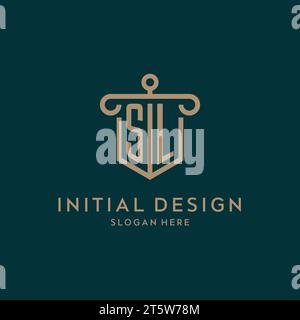 Monogramma SL con logo iniziale con scudo e design a colonna Illustrazione Vettoriale