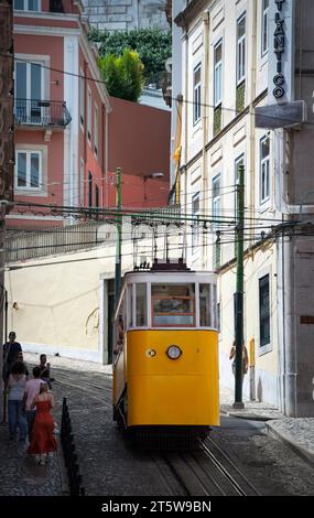 Gloria Funicular, Ascensor da Glória, Lisbona, Portogallo. La funicolare di Glória, il tram pubblico, lascia Piazza Restauradores in Avenue da Liberdade nel centro di Lisbona per salire il 17,7% di pendenza 265 metri (870 piedi) fino al Miradouro de São Pedro de Alcântara, un punto panoramico nel quartiere Principe Real che si affaccia su Lisbona. Foto Stock