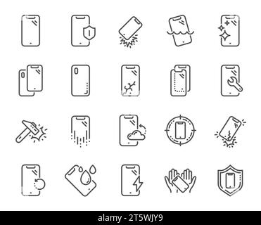 Icone della linea di protezione smartphone. Vetro temperato, protezione dello schermo e resistente all'acqua. Vettore Illustrazione Vettoriale