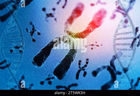 Cromosomi umani con dna su sfondo astratto. illustrazione 3d. Foto Stock