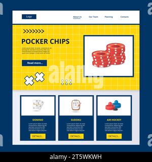Modello di sito Web della landing page di Poker chips flat. Domino, sudoku, air hockey. Banner Web con intestazione, contenuto e piè di pagina. Illustrazione vettoriale. Illustrazione Vettoriale