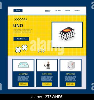 Modello di sito Web di una landing page piatta. Monopolio, pantomima, battaglia in mare. Banner Web con intestazione, contenuto e piè di pagina. Illustrazione vettoriale. Illustrazione Vettoriale