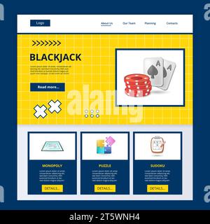 Modello di sito Web Blackjack Flat landing page. Monopoli, puzzle, sudoku. Banner Web con intestazione, contenuto e piè di pagina. Illustrazione vettoriale. Illustrazione Vettoriale