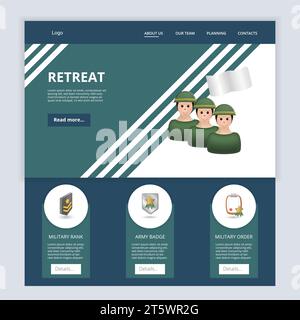 Modello di sito Web Retreat Flat landing page. Grado militare, distintivo dell'esercito, ordine militare. Banner Web con intestazione, contenuto e piè di pagina. Illustrazione vettoriale Illustrazione Vettoriale