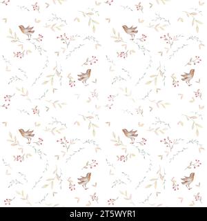 Robin Bird Watercolor Pattern, Christmas Bird Pattern Wallpaper, Wild Floral Seamless Pattern, Boho Baby Watercolor, sfondo bianco Foto Stock