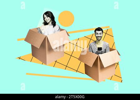 Immagine schizzo grafica collage di uomo utilizzare lo smartphone per inviare pacchetto ragazza con alcuni annunci di consegna di materiale isolato su sfondo blu Foto Stock