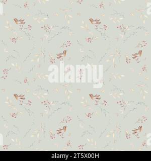Robin Bird Pattern, Floral Bird Pattern, Boho Baby Watercolor, Rustic Seamless Pattern, sfondo beige Foto Stock