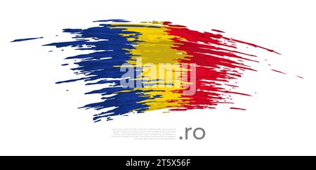 Bandiera della Romania. Tratti di pennello, grunge. Strisce colori della bandiera rumena su sfondo bianco. Poster nazionale di disegno vettoriale, modello, spazio per il testo Illustrazione Vettoriale