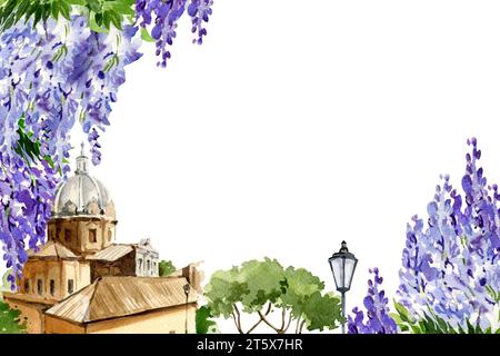 Sfondo acquerello con ramificazione di fiori di glicine e città vecchia europea, illustrazione disegnata a mano con fiori lilla primaverili, cupola e albero, Foto Stock