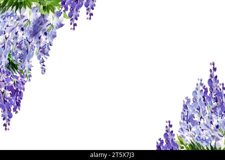 cornice rotonda acquerello con ramificazione di fiori di glicine, illustrazione disegnata a mano con fiori lilla primaverili, pianta blu isolata su sfondo bianco Foto Stock