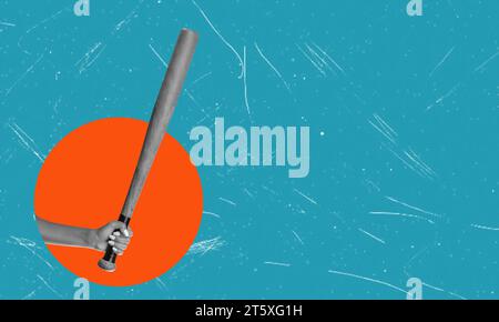 Un collage artistico contemporaneo con una mano con una mazza da baseball, che enfatizza il concetto di giocare a baseball e allo spazio aperto. Foto Stock