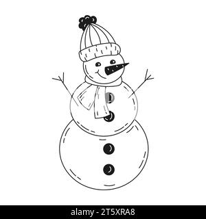 Simpatico pupazzo di neve natalizio con cappello e sciarpa. Illustrazione Vettoriale