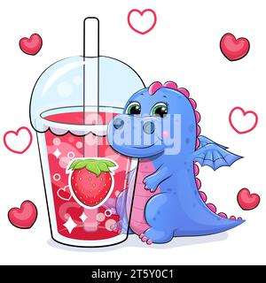 Carino drago blu dei cartoni animati con una grande bevanda alla fragola. Illustrazione vettoriale di un animale e di una tazza di acqua rossa su sfondo bianco con cuori rossi. Illustrazione Vettoriale