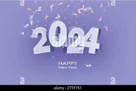 Buon anno 2024 modello di banner quadrato con numero di visualizzazione 3D. Concetto di saluto per la celebrazione del nuovo anno 2024 Illustrazione Vettoriale