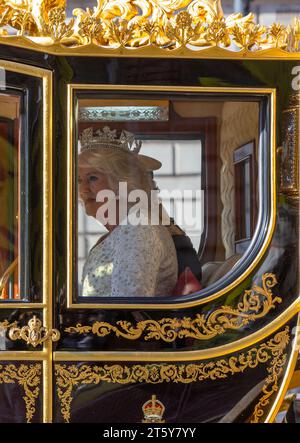 Londra, Regno Unito. 7 novembre 2023. HM King Charles e Queen Camilla furono guidati lungo Whitehall sulla strada per l'apertura statale del Parlamento Credit: Richard Lincoln/Alamy Live News Credit: Richard Lincoln/Alamy Live News Foto Stock