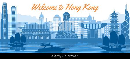 Famoso punto di riferimento di Hong Kong, stile silhouette dietro il fiume e la barca e davanti alle torri, illustrazione vettoriale Illustrazione Vettoriale