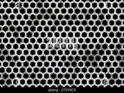 Immagine con sfondo nero esagonale. Doppio bordo astratto della cella con punti e forme colorate e forme vuote irregolari. Interno nero sul motivo o. Foto Stock