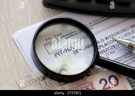 Dichiarazione di importo dei contributi di assicurazione sanitaria pagati e detratti dalla carta fiscale in singoli mesi di anno fiscale, modulo PIT-16A sul conto contabile con penna e zloty polacco bollette di denaro Foto Stock