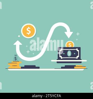 moneta dollaro flusso di cassa denaro semplice vettore piatto di illustrazione di side hustle make and earn money concept, concetto finanziario di denaro, pas attivi Illustrazione Vettoriale