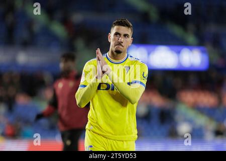 Javi Hernandez di Cadice visto durante la partita di la Liga 2023–24 tra Getafe e Cadice al Coliseum Stadium. Punteggio finale; Getafe 1:0 Cadice. Foto Stock