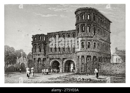 Vecchia vista della porta Nigra a Treviri, Germania. Di Prout, publ. A Londra, 1831 Foto Stock