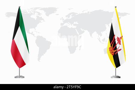 Bandiere del Kuwait e del Brunei per l'incontro ufficiale sullo sfondo della mappa mondiale. Illustrazione Vettoriale