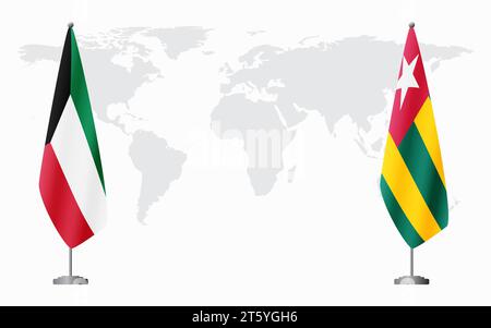 Bandiere del Kuwait e del Togo per l'incontro ufficiale sullo sfondo della mappa mondiale. Illustrazione Vettoriale